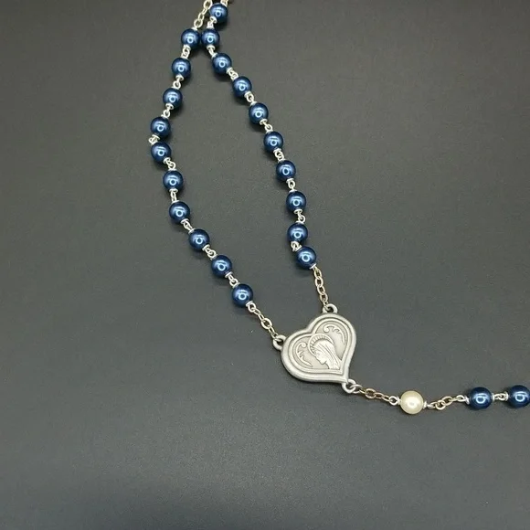 Vintage Blue and White Pearl Beaded Silver Chain Rosary Necklace - Picture 4 of 7